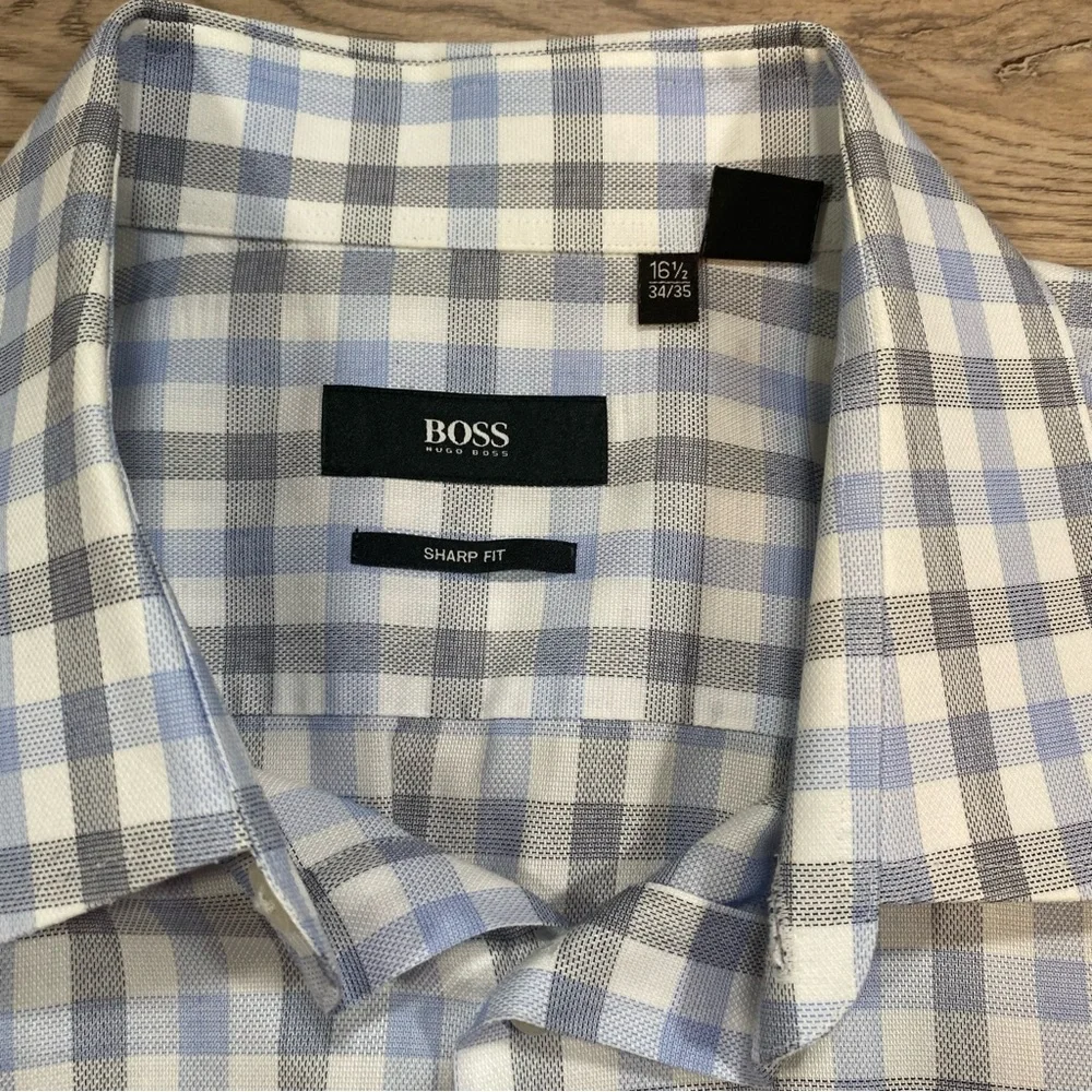 Hugo Boss Men's Dress Shirt Checkered Long Sleeve 16 1/2 34/35 Sharp Fit Blue - Picture 10 of 16